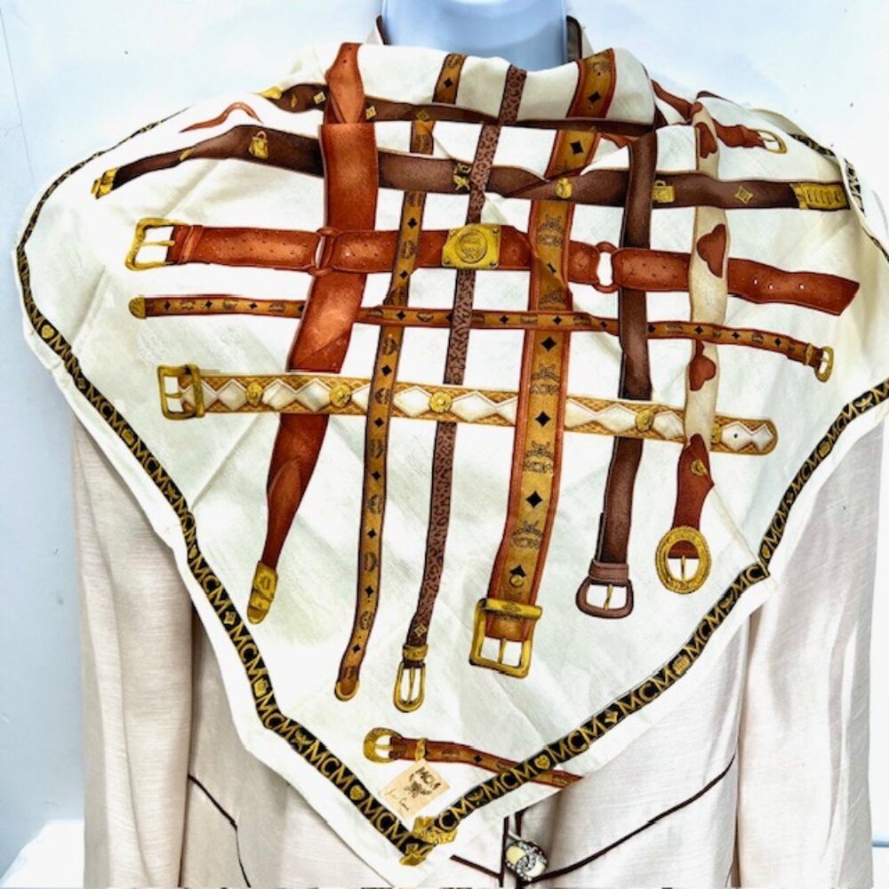 New tag On MCM mini scarf handkerchief cotton 21" Ivery Black Belts Logo  ( 28) - Picture 3 of 8